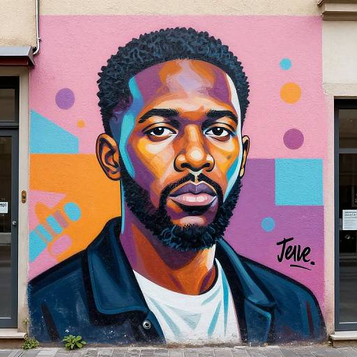 Vibrant street mural of an African-American man with short curly hair, beard, and serious expression, wearing a black jacket, against a pink,