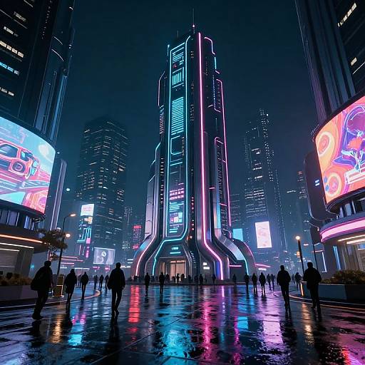 Neon-lit cyberpunk cityscape at night: towering futuristic skyscraper with vibrant pink, blue, and purple lights; silhouetted pedestrians