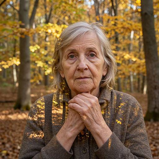 Photograph of an elderly woman with gray hair, wrinkled face, and brown cardigan, hands clasped, standing in an autumn forest.
