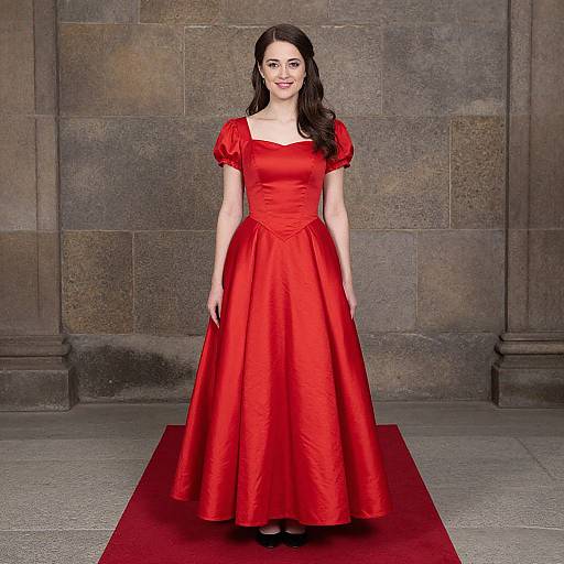 Photograph of a fair-skinned woman with long black hair in a red, puffed-sleeve ball gown standing on a red carpet against a