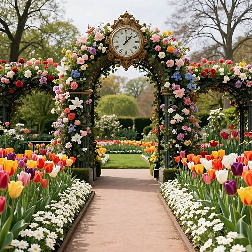 Photograph of a vibrant garden archway adorned with colorful flowers, surrounding a clock, flanked by tulips and daffodils, leading to