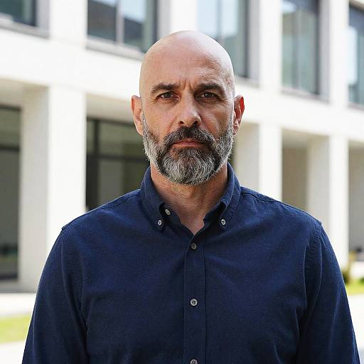 Photograph of a bald, middle-aged man with a gray beard, wearing a navy blue button-up shirt, standing in front of a modern, glass