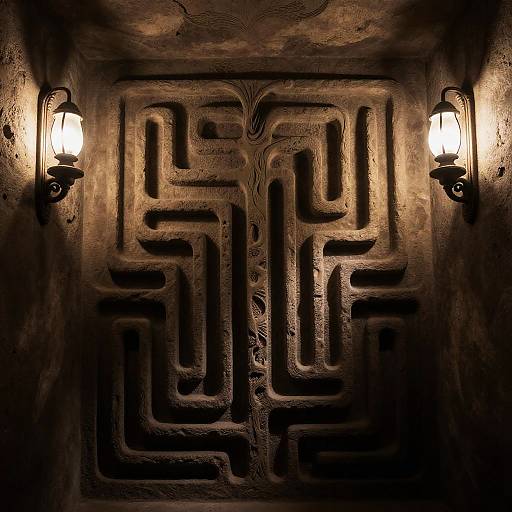 Photograph of a dimly-lit, textured stone wall with intricate, ancient geometric carvings, flanked by two glowing lantern-style wall s