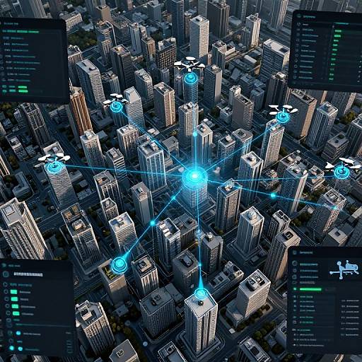 Aerial CGI of a futuristic cityscape with glowing blue holographic connections between towering skyscrapers, surrounded by dark, detailed buildings. Digital interface overlays