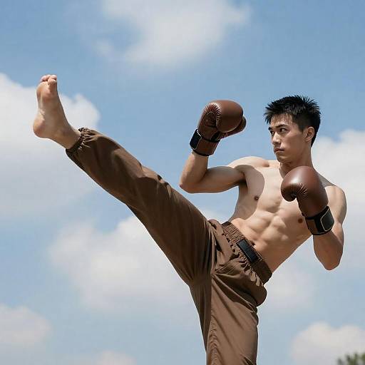 Dynamic High Kick by Shirtless Boxer