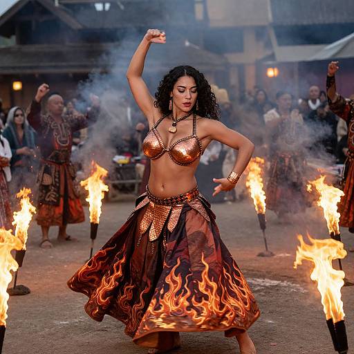 Photograph of a curvy, dark-skinned woman with curly black hair dancing in a fiery, tribal-inspired costume, surrounded by flames and spectators in