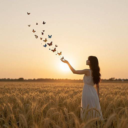 Silhouetted woman in white dress releases colorful butterflies into golden wheat field at sunset, photograph capturing serene, magical moment.