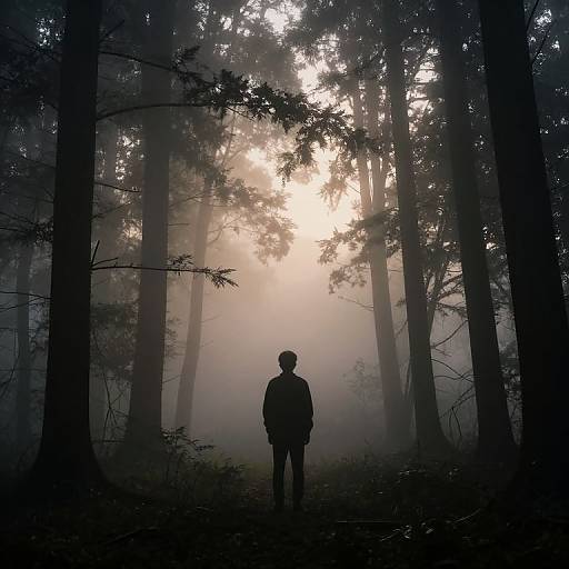 Silhouetted person stands in misty, sunlit forest; tall trees frame bright, glowing center, creating a serene, mysterious atmosphere. Photograph