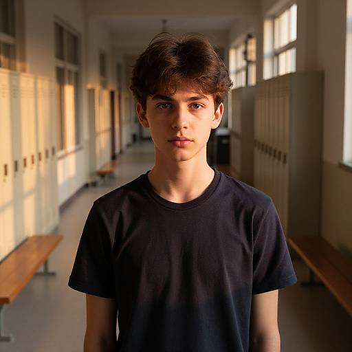 Photograph of a young, fair-skinned boy with dark brown hair, wearing a plain black T-shirt, standing in a sunlit school locker room
