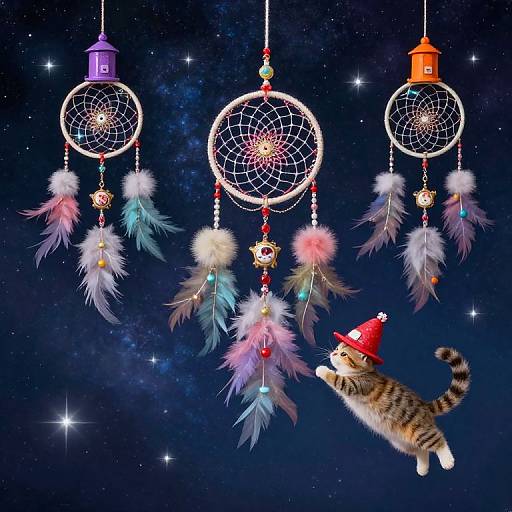 Photograph of a flying tiger in a red Santa hat reaching for colorful feathered dreamcatchers with glowing orbs, set against a starry night sky