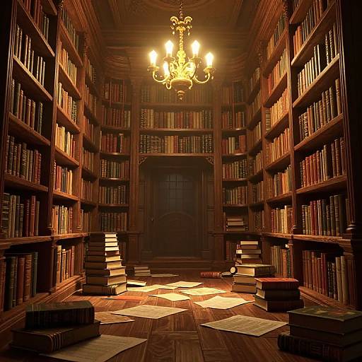 Photograph of a dimly lit, wood-paneled library with tall bookshelves, a glowing chandelier, stacked books, and scattered papers on
