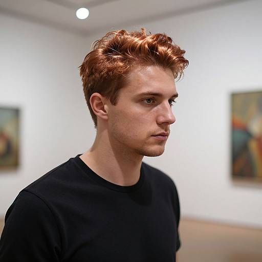 Copper-Haired Man in Modern Gallery