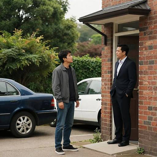 Photograph of two men: one in casual gray jacket and jeans, the other in a black suit and white shirt, standing outside a brick house with