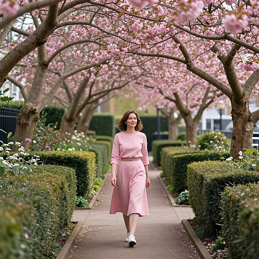 Photograph of a woman with shoulder-length brown hair, wearing a pink long-sleeve dress and white shoes, walking down a pink cherry blossom-lined
