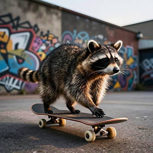 Photograph of a fluffy raccoon skateboarding on a concrete pavement in front of a graffiti-covered, industrial-style wall. Bright colors and sunlight.