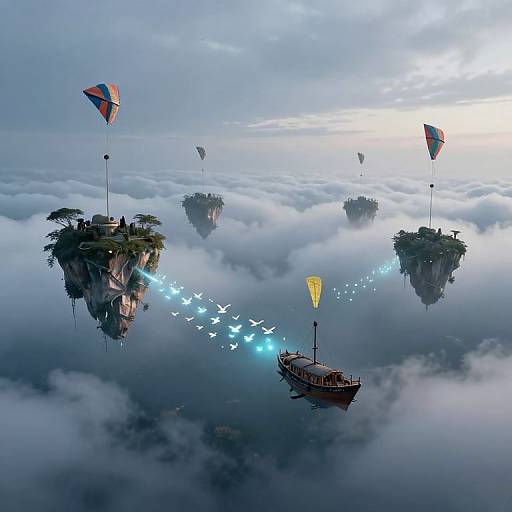 Fantastical scene: Floating islands, colorful balloons, and a boat with glowing blue birds amidst cloudy sky, sunrise in background, surreal art.