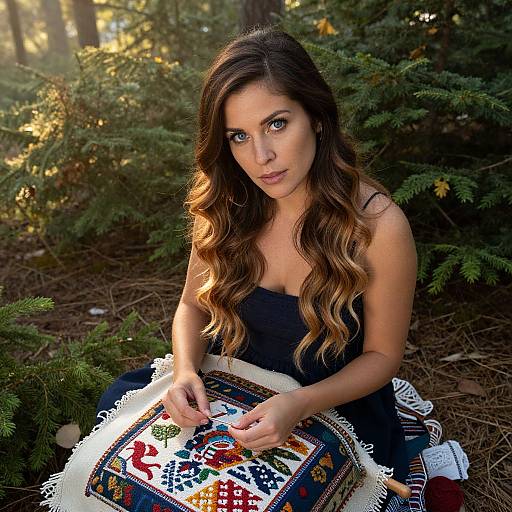 Photograph of a woman with long, wavy brown hair, wearing a black sleeveless dress, sitting in a forest, weaving a colorful, pattern