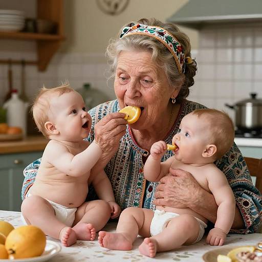 Photograph of an elderly woman with grey hair and patterned headscarf feeding two diapered, naked babies oranges in a cozy kitchen.