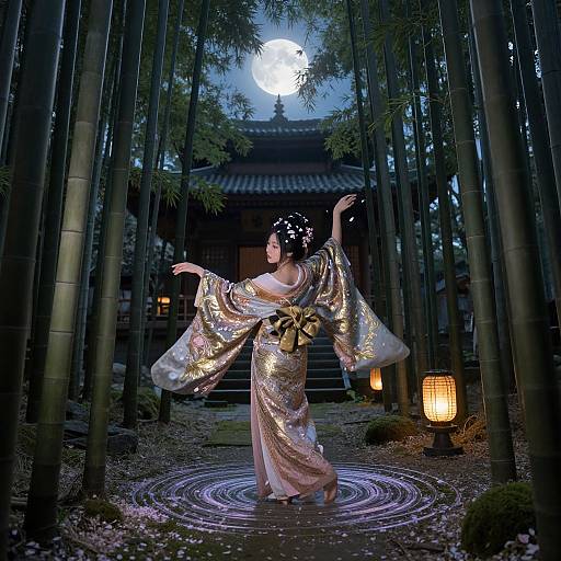 Photograph of a Japanese geisha in a gold-patterned kimono, dancing under a full moon in a bamboo forest, illuminated by lanterns.
