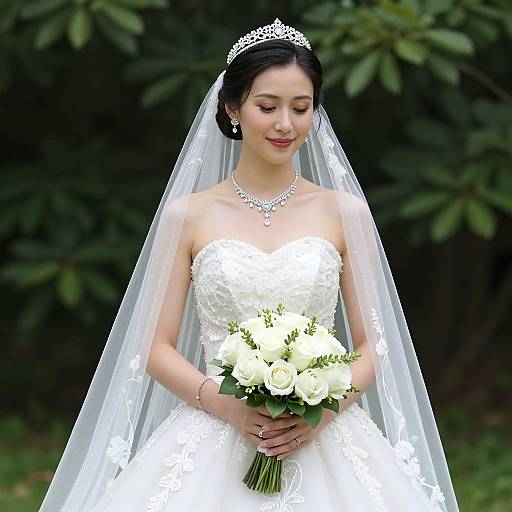 Photograph of an Asian bride in a white lace strapless wedding dress, holding a white rose bouquet, with a silver tiara and veil, standing