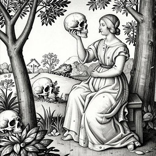 Black-and-white illustration of a woman in a dress holding a skull, surrounded by three skulls on the ground, trees, and a distant landscape.