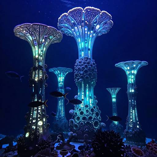 Photograph of illuminated blue underwater botanical structures with glowing patterns, surrounded by dark water and floating black fish, creating an ethereal, futuristic marine scene.