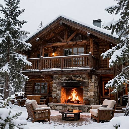 Photograph of a rustic wooden cabin with a roaring fireplace, snow-covered roof, and forested surroundings, featuring cozy outdoor furniture in front.