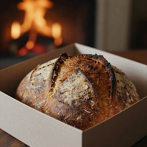 Photograph of a golden-brown, crusty loaf of bread with charred edges, inside a white box, with a blurred fireplace in the background