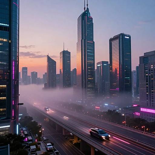 Photograph of a futuristic cityscape at dusk with tall, neon-lit skyscrapers, misty fog, and busy highways; vibrant pink,