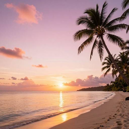 Photograph of a serene beach at sunset, with golden sunlight reflecting on calm waters, silhouetted palm trees, and a pastel sky.