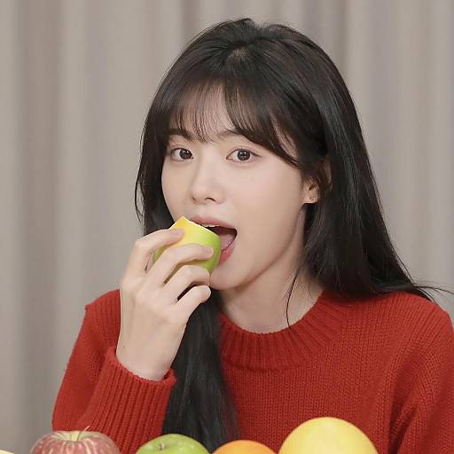 Close-Up Portrait of Asian Woman Eating Fruit