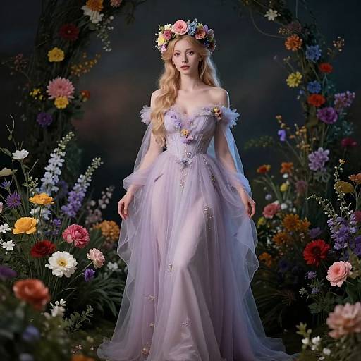 Photograph of a blonde woman in a lavender, off-shoulder floral gown, wearing a colorful flower crown, standing amidst a vibrant, multi-colored