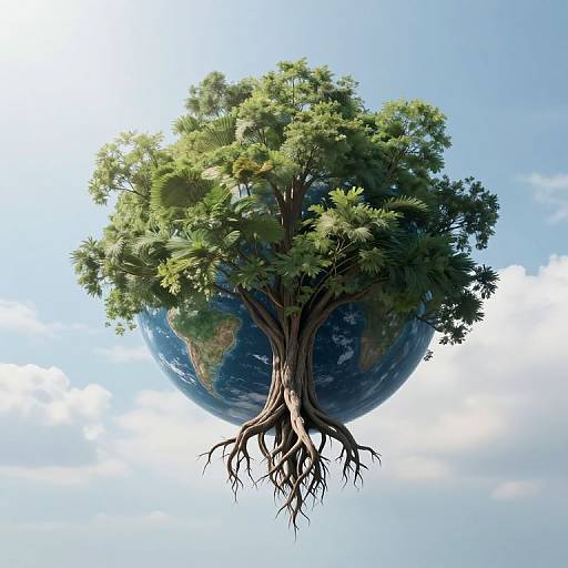 Digital artwork of a tree with roots embedded in a floating Earth, set against a bright blue sky with white clouds.