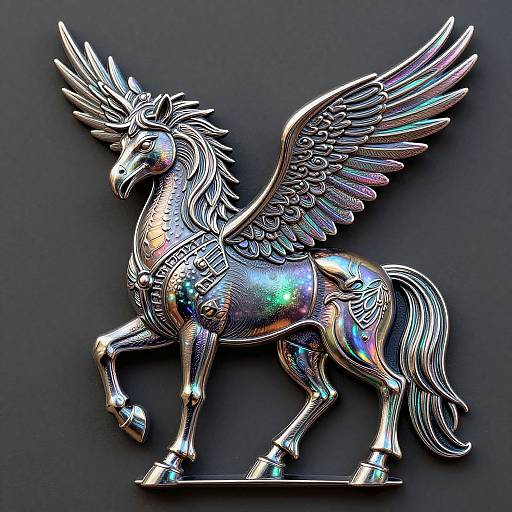 Glossy, metallic, winged Pegasus sculpture with iridescent highlights, standing on a dark background, showcasing intricate feather and armor details.