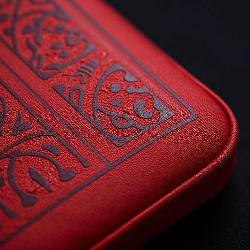 Close-up photograph of a textured red leather object with intricate black embossed patterns, set against a dark background.