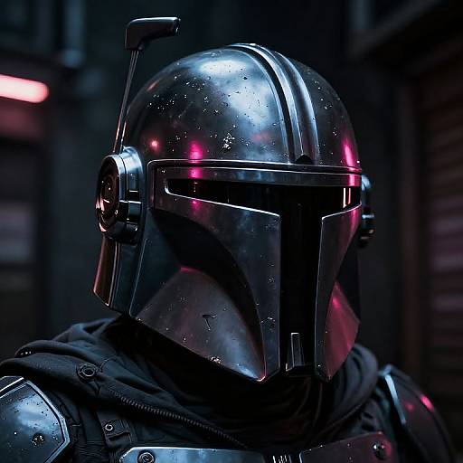 Photograph of a dark, reflective Mandalorian helmet with pink neon highlights, showing detailed armor and a hooded garment in a dimly lit urban setting