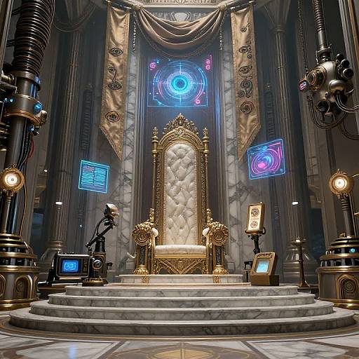 Photorealistic CGI: Luxurious throne room with golden, tufted throne, marble steps, glowing holographic screens, ornate columns, and