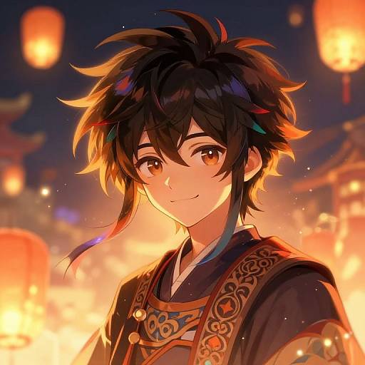 Anime-style digital illustration of a smiling young man with black, spiky hair, wearing ornate, traditional attire, illuminated by vibrant, glowing lanterns