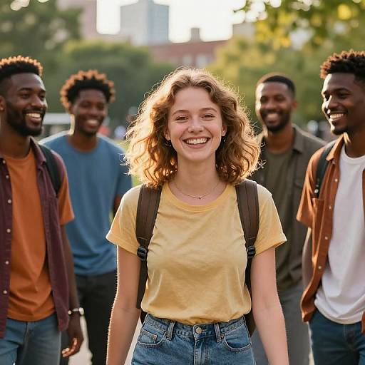 Photograph of a smiling Caucasian woman with curly brown hair, wearing a yellow shirt and backpack, surrounded by four smiling African-American men in casual clothes,