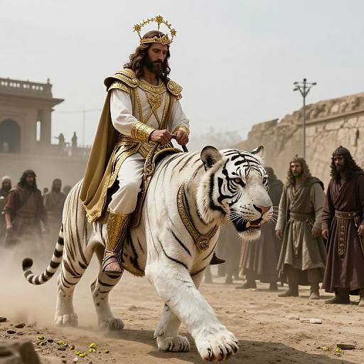 Jesus Riding White Tiger with Gold Armor