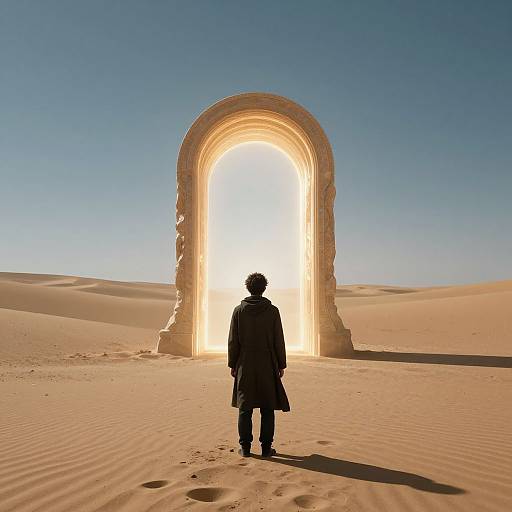Photograph of a lone figure in a dark coat standing before a glowing, arched stone portal in a desert under a clear blue sky.