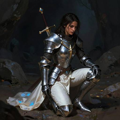 Photorealistic digital artwork of a dark-haired knight in shiny silver armor, white pants, and a flowing cape, kneeling in a dark forest with a