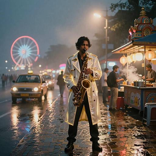 Cyberpunk Jazz Saxophonist on Mumbai Promenade
