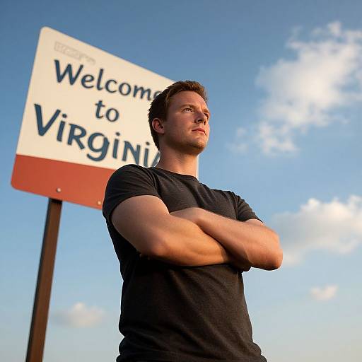 Photograph of a muscular, short-haired man in a black t-shirt, arms crossed, standing before a 