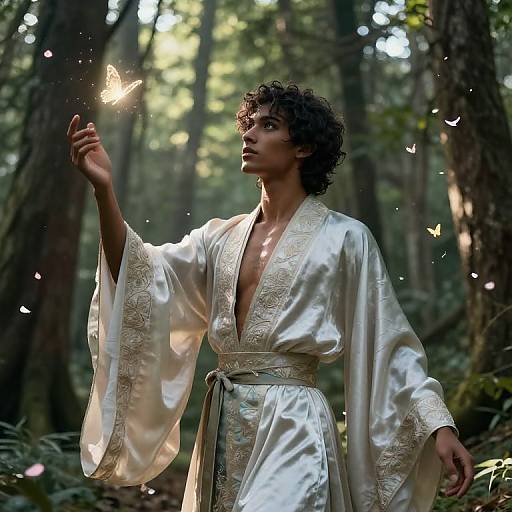 Photograph of a curly-haired man in a white, embroidered silk robe, standing in a sunlit forest, gently touching a glowing butterfly.