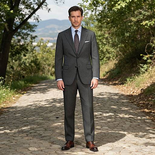 Photograph of a handsome man with short brown hair and beard, standing on a sunlit dirt path in a forest, wearing a dark gray suit,