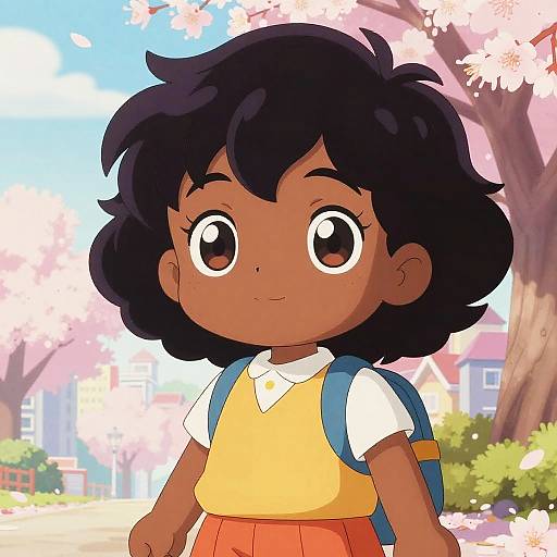 Digital anime-style drawing of a cute, dark-skinned girl with large brown eyes, black curly hair, yellow vest, orange skirt, white shirt,