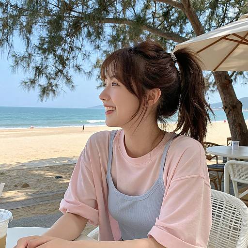 Laughing Woman at Beachside Café