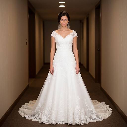 Photograph of a fair-skinned woman in a white lace wedding dress with short sleeves, standing in a dimly lit hallway.