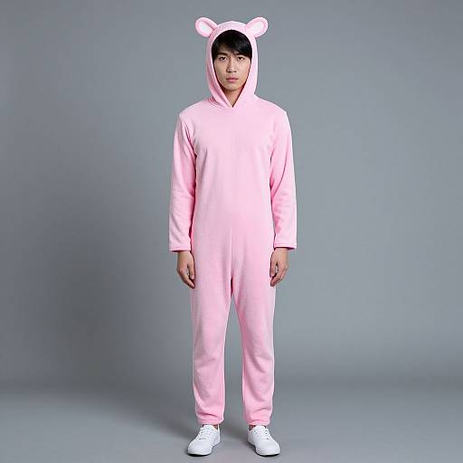 Photograph of an Asian man in a pink onesie with bear ears, standing against a plain gray background, wearing white sneakers.